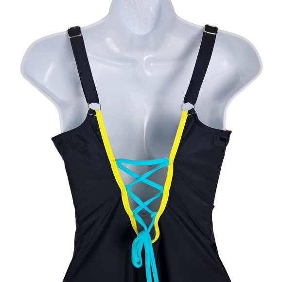 Womens Med Size V-Neck One-Piece Swimsuit Black Tie Back Beach Vacation Sexy - Picture 6 of 8